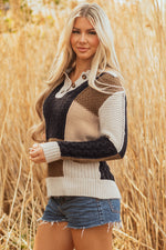Hazel Blues® |  Multicolour Color Block Cable Knit Sleeve Buttons Collared Sweater