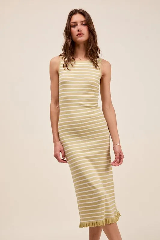 sleeveless sweater midi dress Montret SO ME Stripe Sleeveless Sweater Knit Maxi Dress With Ruffled Hem SAGE/OFF White / L
