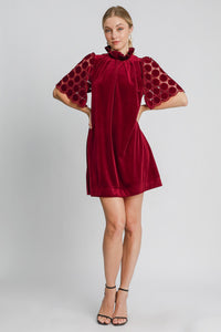 Hazel Blues® |  Umgee Dotted Lace Half Sleeve Mock Neck Back Tie Velvet Dress