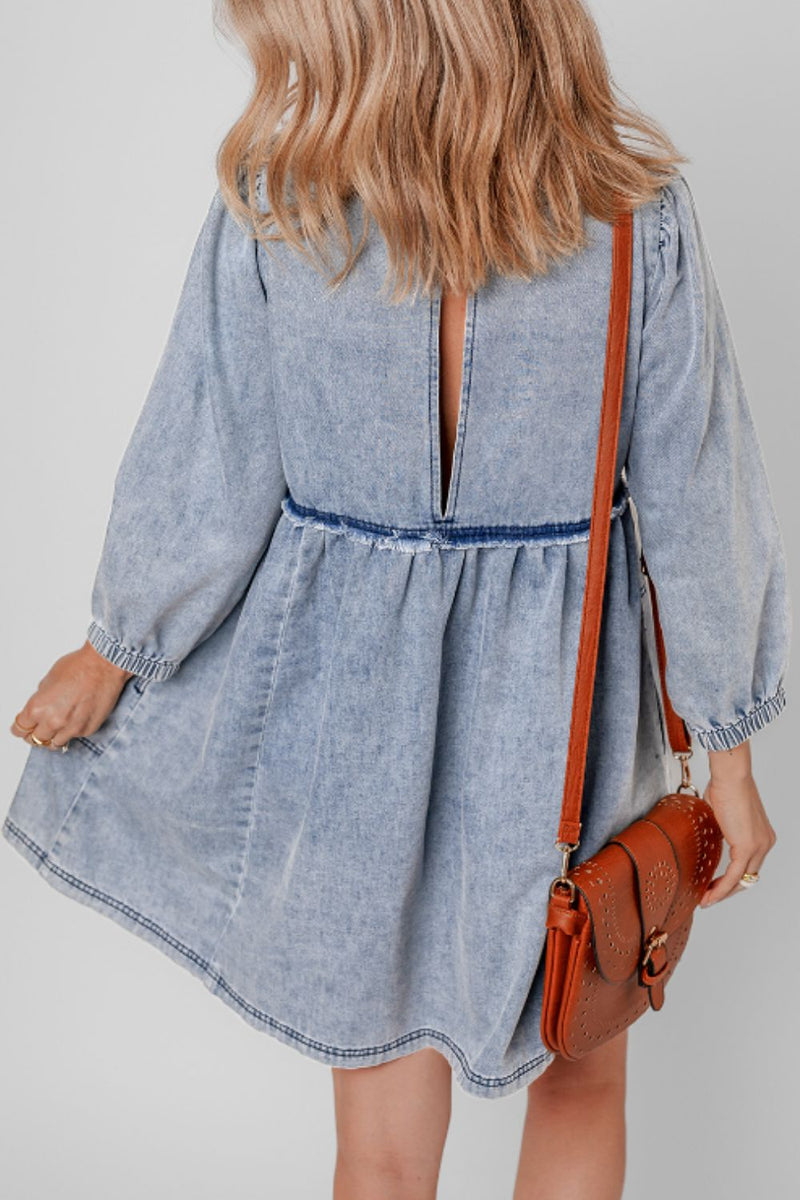 crew neck denim dress Fiacafyo Women Tie Up Front Denim Dress Puff Short Sleeve Crew Neck Jean Dress Y2k Ruffle A-line Mini Dress with Pockets (A-Blue, S) at Amazon Women's Clothing store