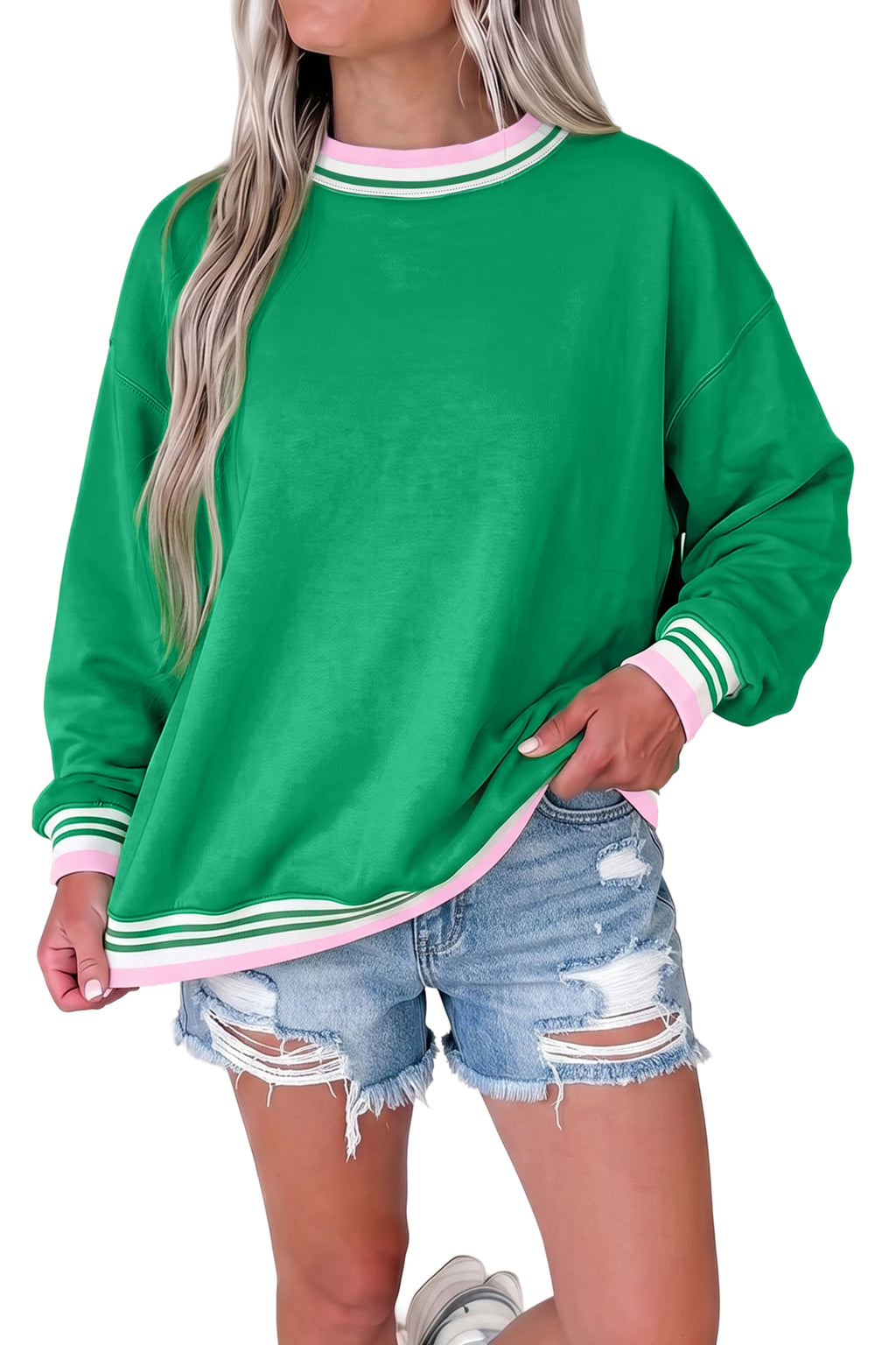 Cecilia True Green Striped-Trim Sweatshirt
