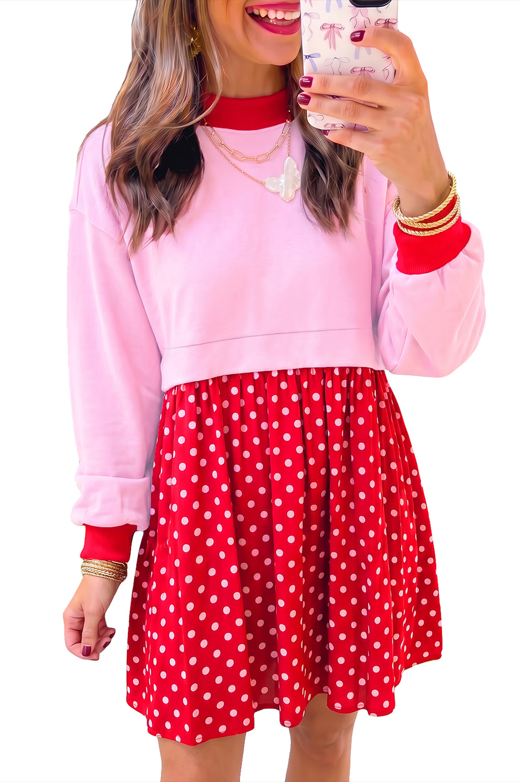 Pink Polka Dot Color-Block Mini Dress