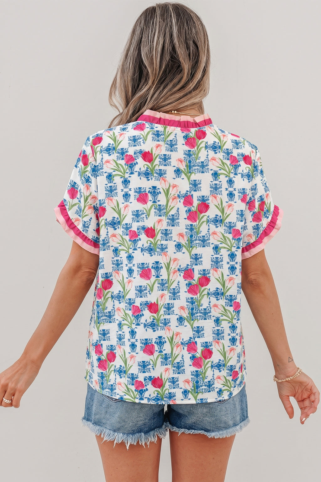 Hazel Blues® |  Rose Floral Print Ruffle V-Neck Short Sleeve Loose Tunic Shirt