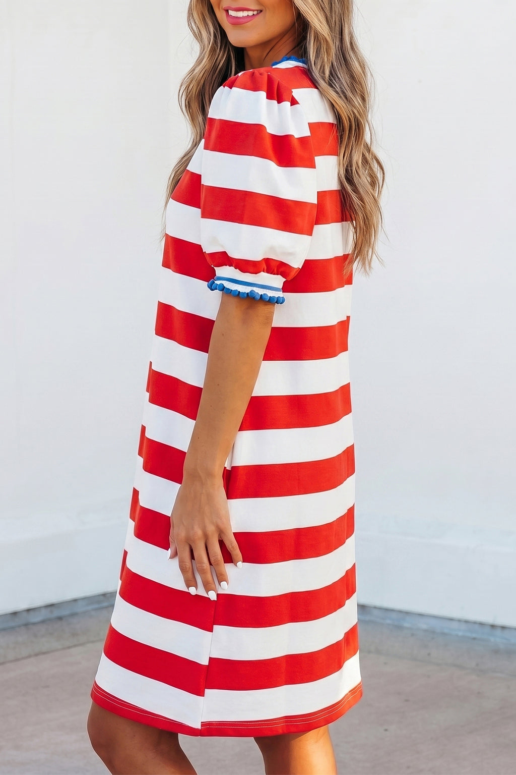 Contrast Trim Round Neck Short Puff Sleeve Shift Mini Dress