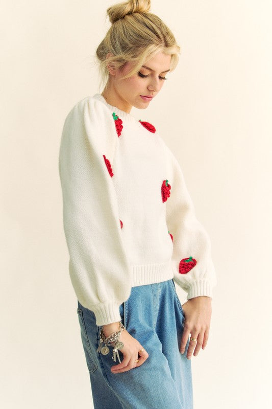 Hazel Blues® |  Davi & Dani Crochet Strawberry Round Neck Sweater