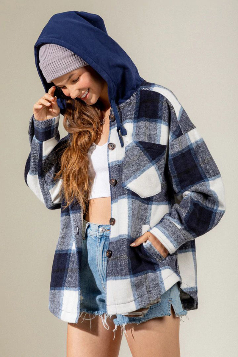 Hazel Blues® |  Drawstring Plaid Dropped Shoulder Hooded Shacket