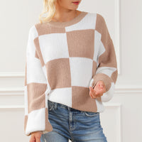 Hazel Blues® |  Checkered Round Neck Drop Shoulder Long Sleeve Sweater