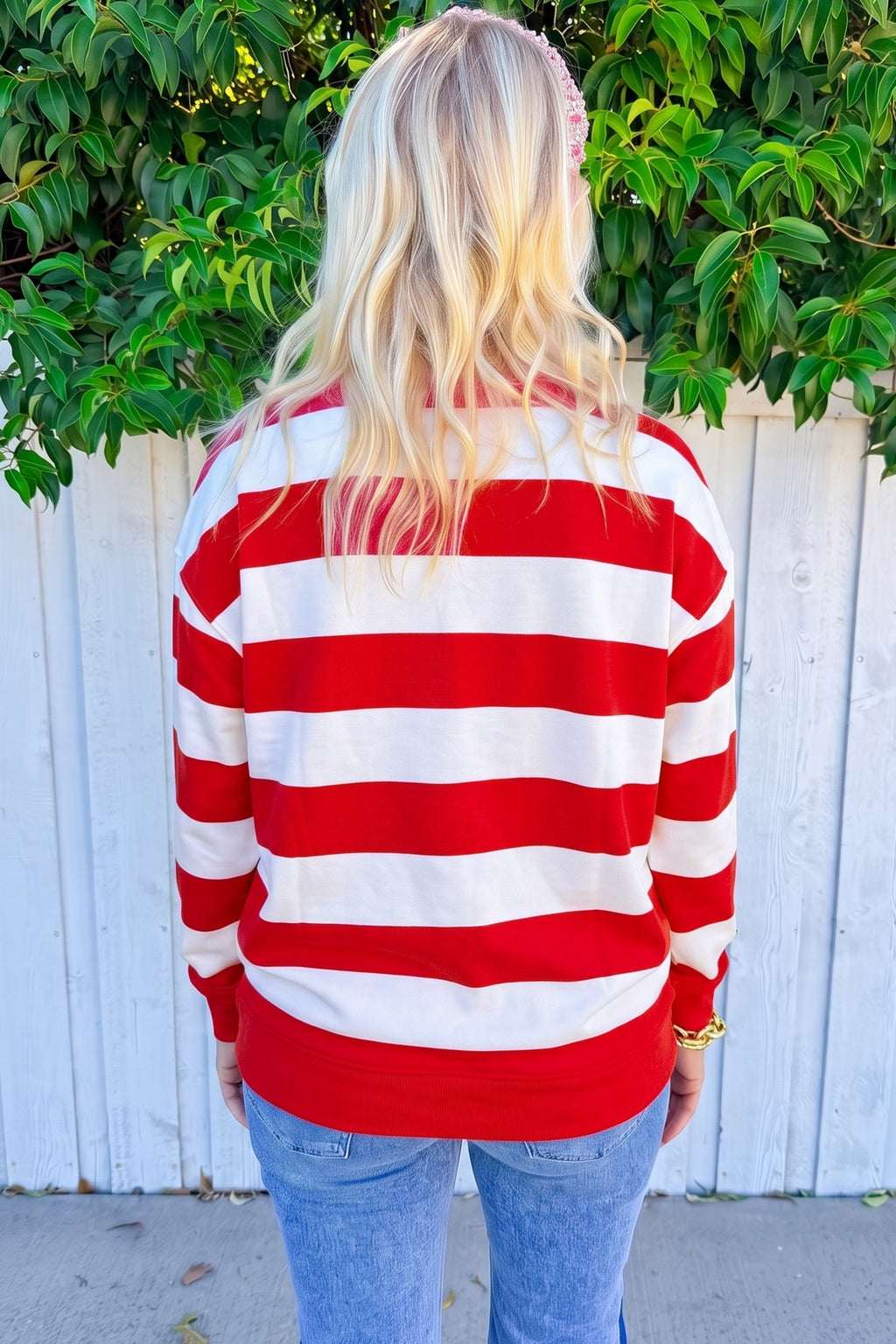 Amelia Lou Red Stripe Holly Jolly Letter Embroidered Pullover Sweatshirt