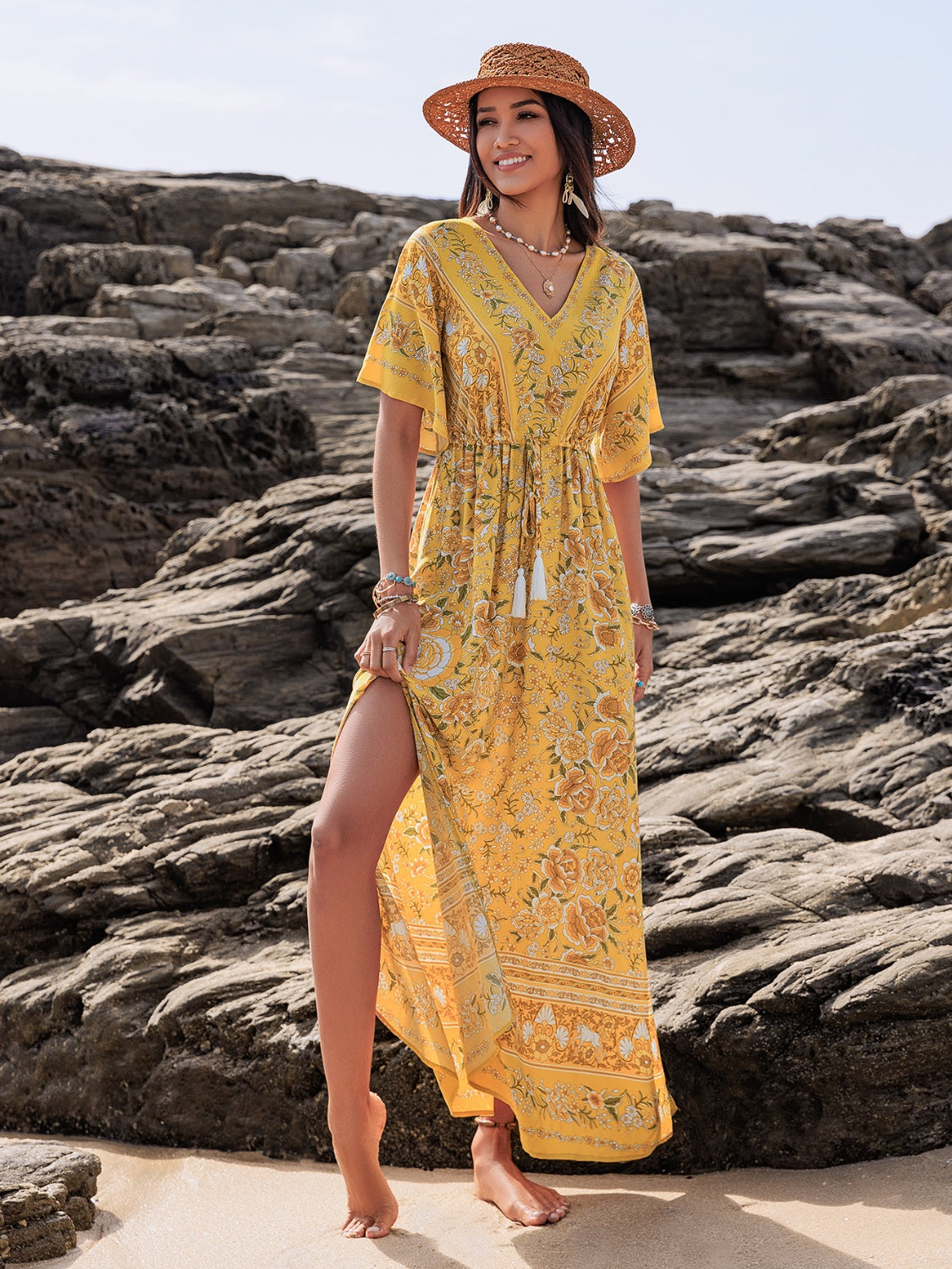 Hazel Blues® |  Drawstring Printed Plunge Half Sleeve Dress