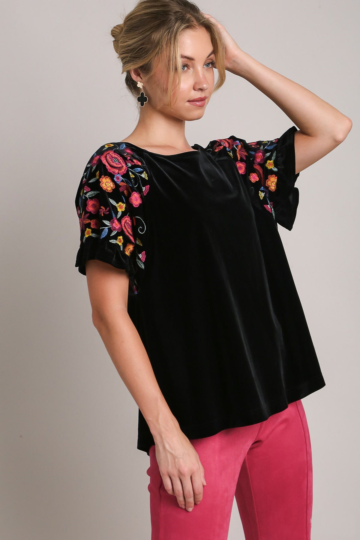 Hazel Blues® |  Umgee Velvet Embroidery Short Sleeve Blouse