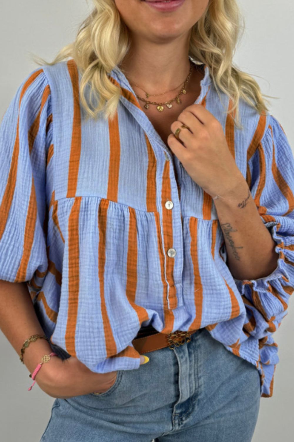 Hazel Blues® |  Striped Notched Three-Quarter Sleeve Blouse