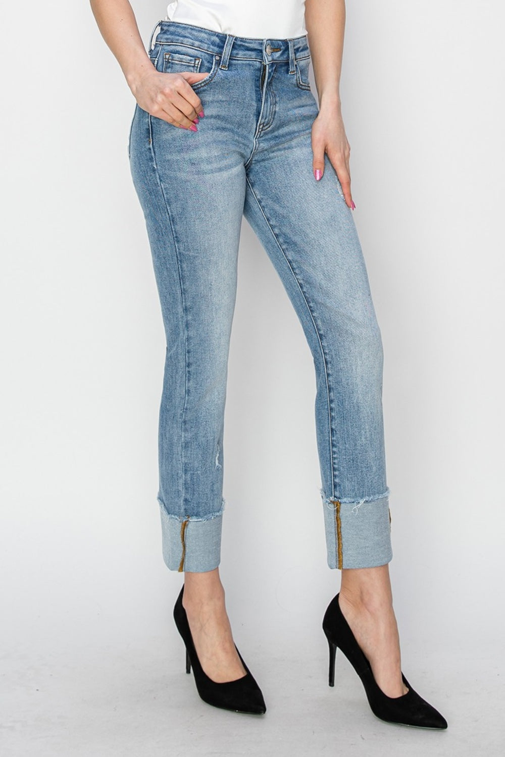 Hazel Blues® |  RISEN High Rise Cuffed Slim Straight Jeans