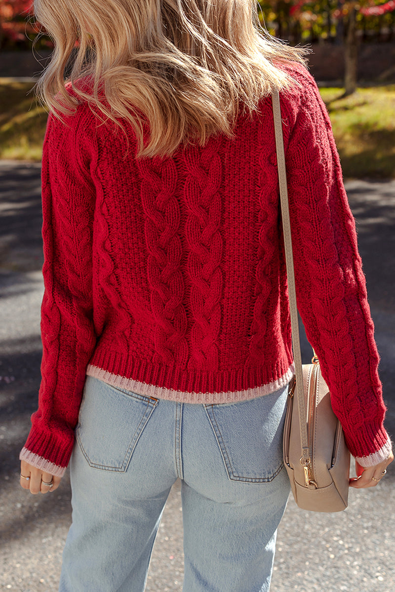 Hazel Blues® |  Racing Red Color Contrast Edge Cable Knit Buttoned Cardigan