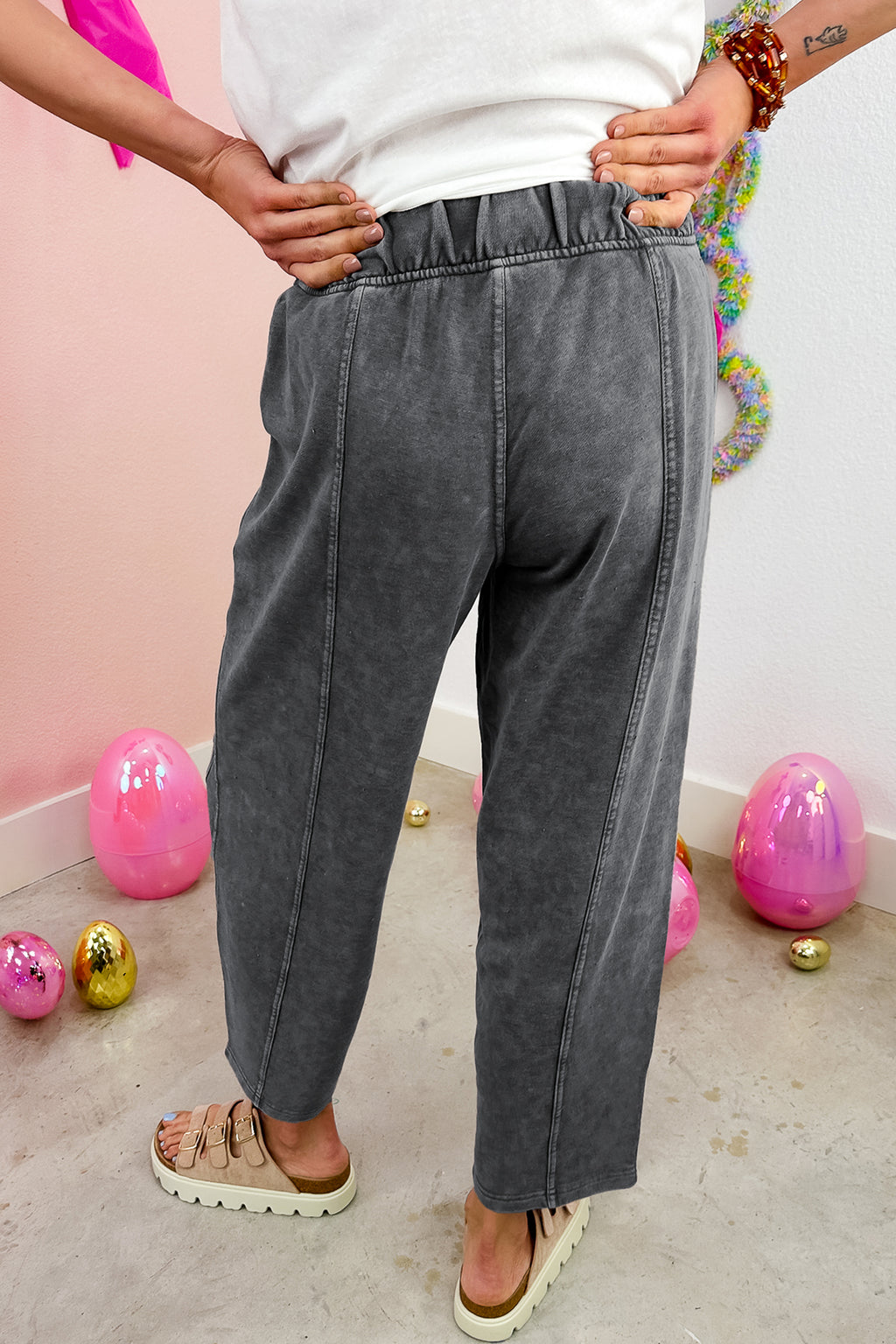 Savannah Faith Carbon Grey Mineral Wash Seam Detail Elastic Waist Barrel Pants