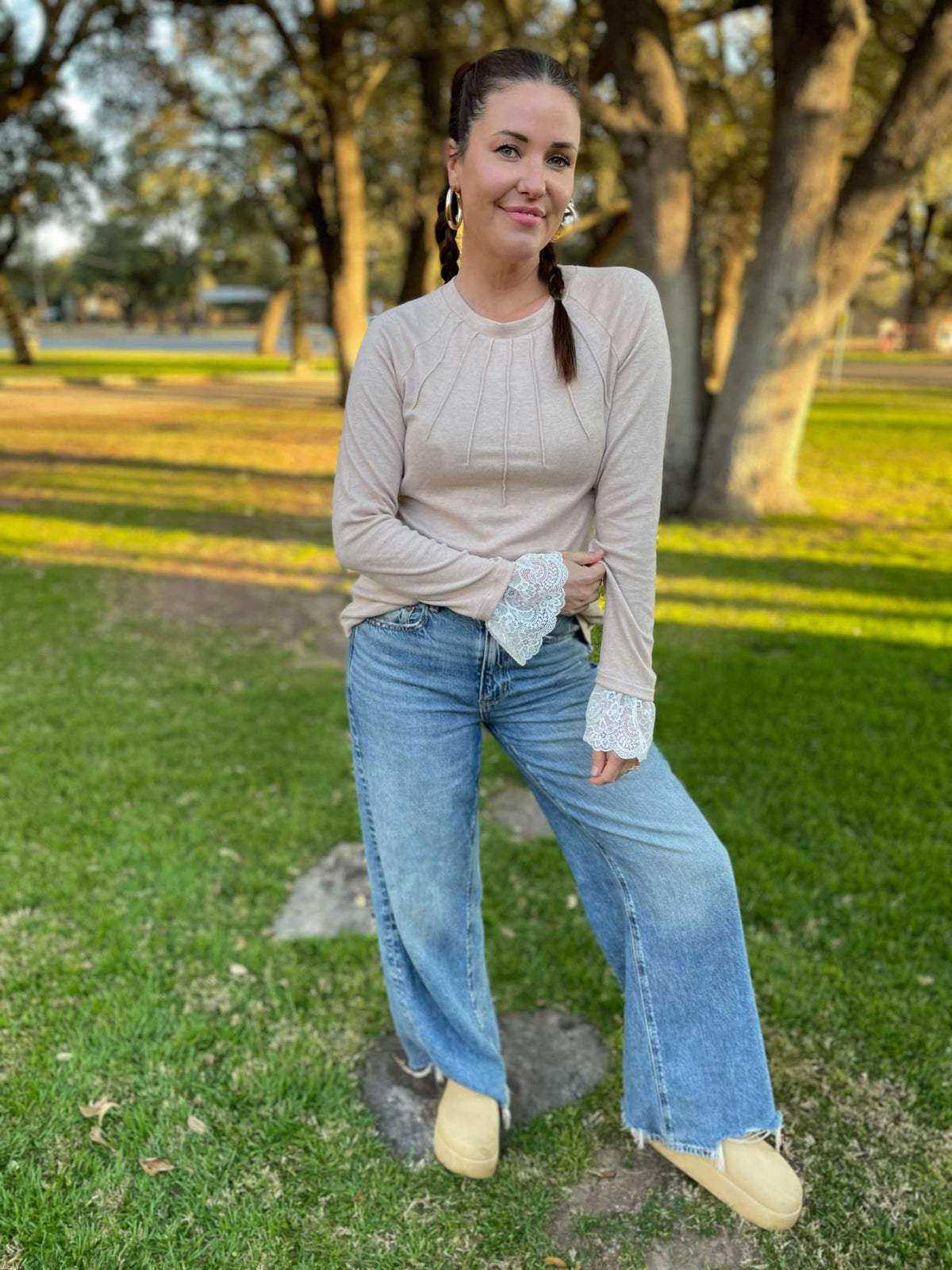 Hazel Blues® |  PREORDER: Beauty In The Details Lace Cuff Top in Two Colors