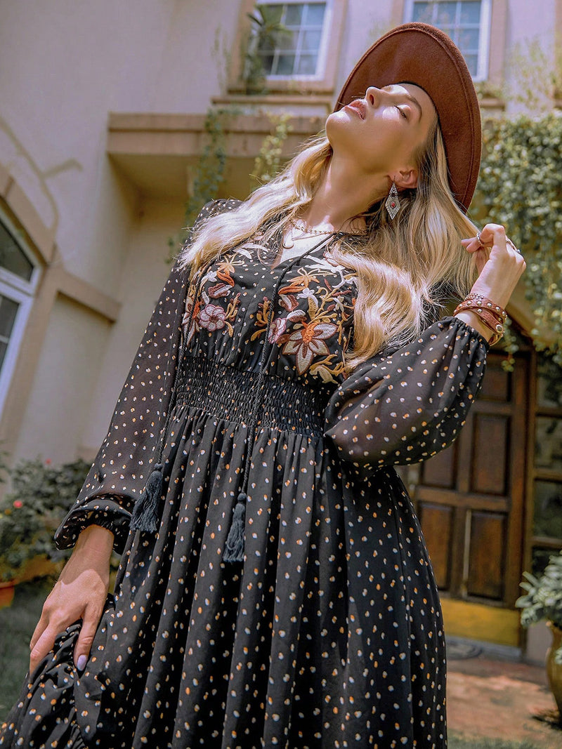 Hazel Blues® |  Embroidered Polka Dot Tie Neck Long Sleeve Midi Dress