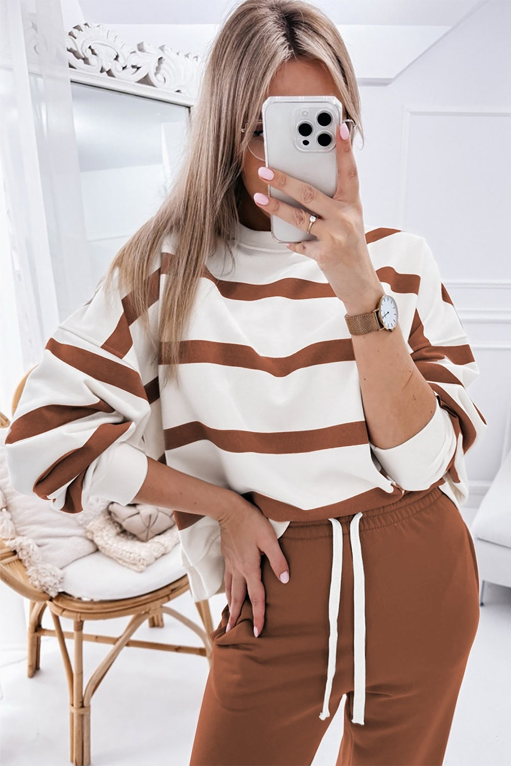 Hazel Blues® |  Striped Round Neck Long Sleeve Top and Pants Set