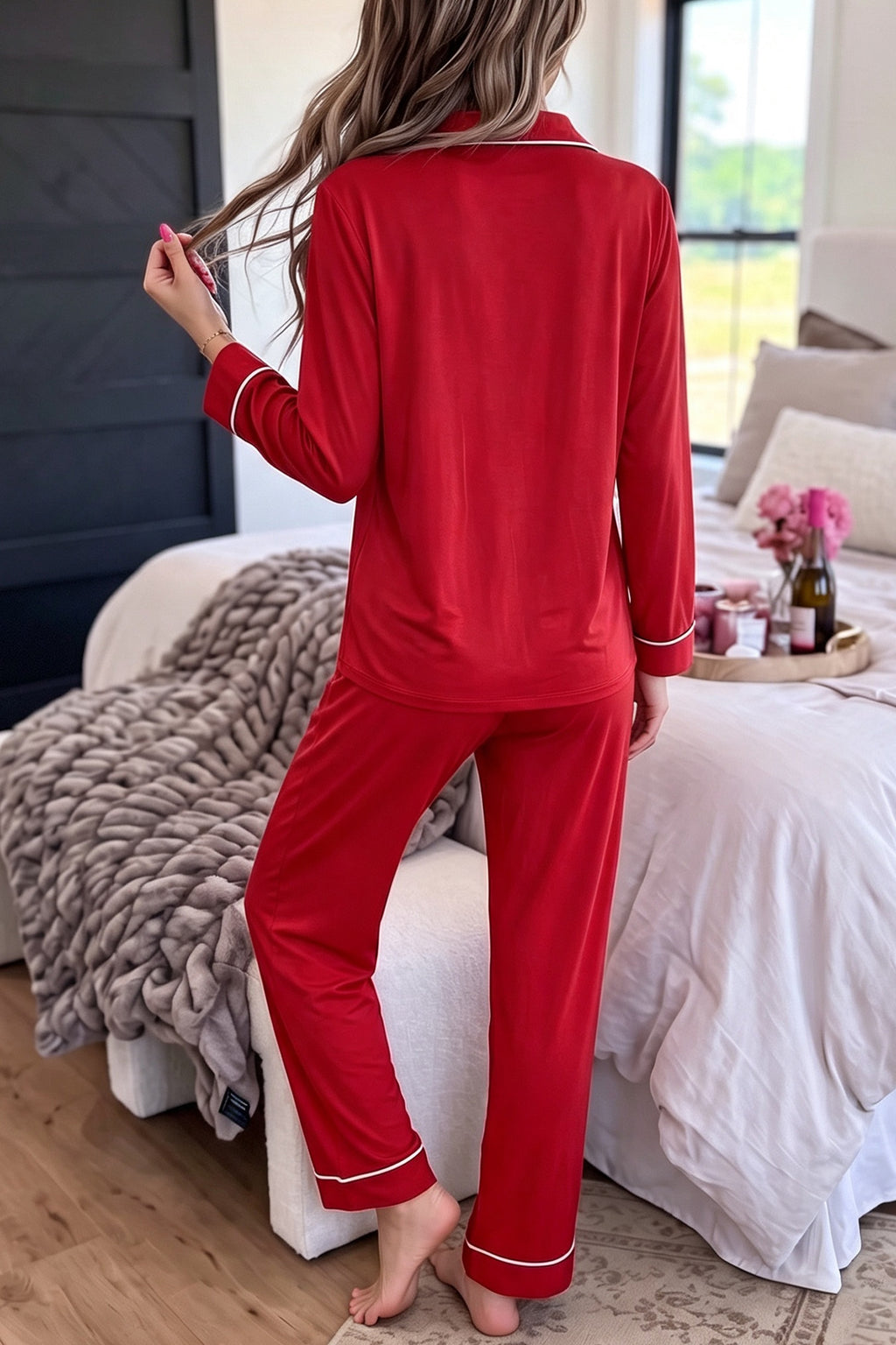 Red Bow-Pocket Button-Up Pajama Set