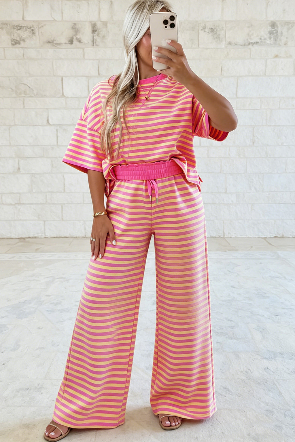 Colorblock Trim Crew Neck Loose Tee Drawstring Elastic Waist 2pcs Pant Set