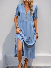 Hazel Blues® |  Perfee Decorative Button Notched Short Sleeve Midi Dress