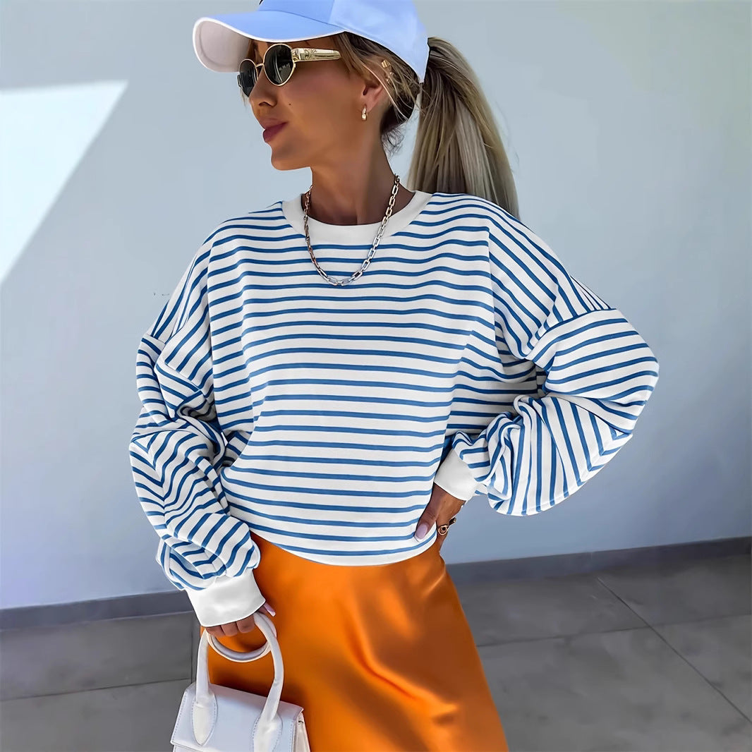 Hazel Blues® | Striped Round Neck Long Sleeve Sweatshirt