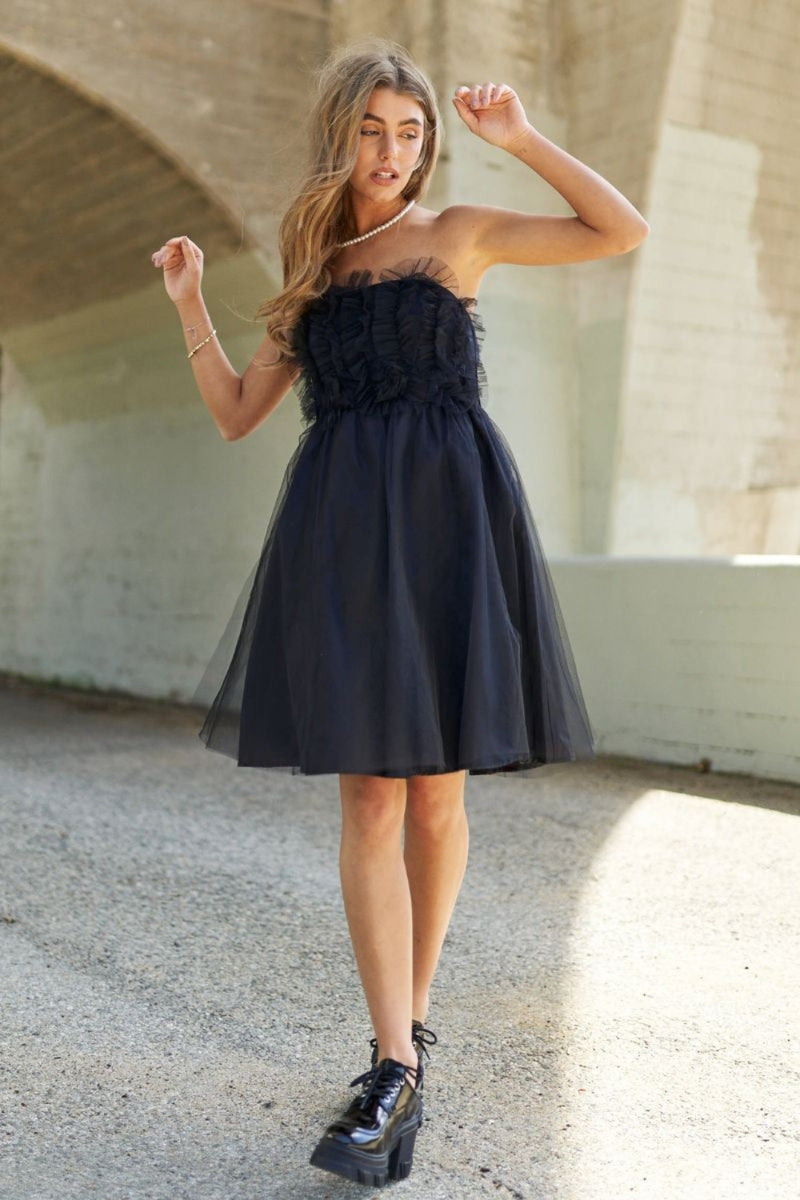 Hazel Blues | J.NNA Mesh Ruffle Tube Top Swing Dress Hazel Blues | J.NNA Mesh Ruffle Tube Top Swing Dress