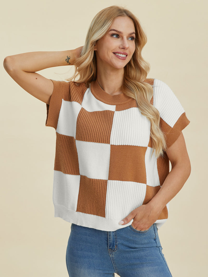 Hazel Blues® |  Double Take Checkered Round Neck Short Sleeve Sweater