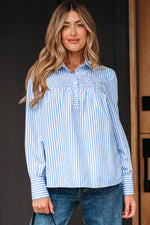 Hazel Blues® |  Sky Blue Stripe Shirred Detail Half Placket Collared Long Sleeve Fall Shirt
