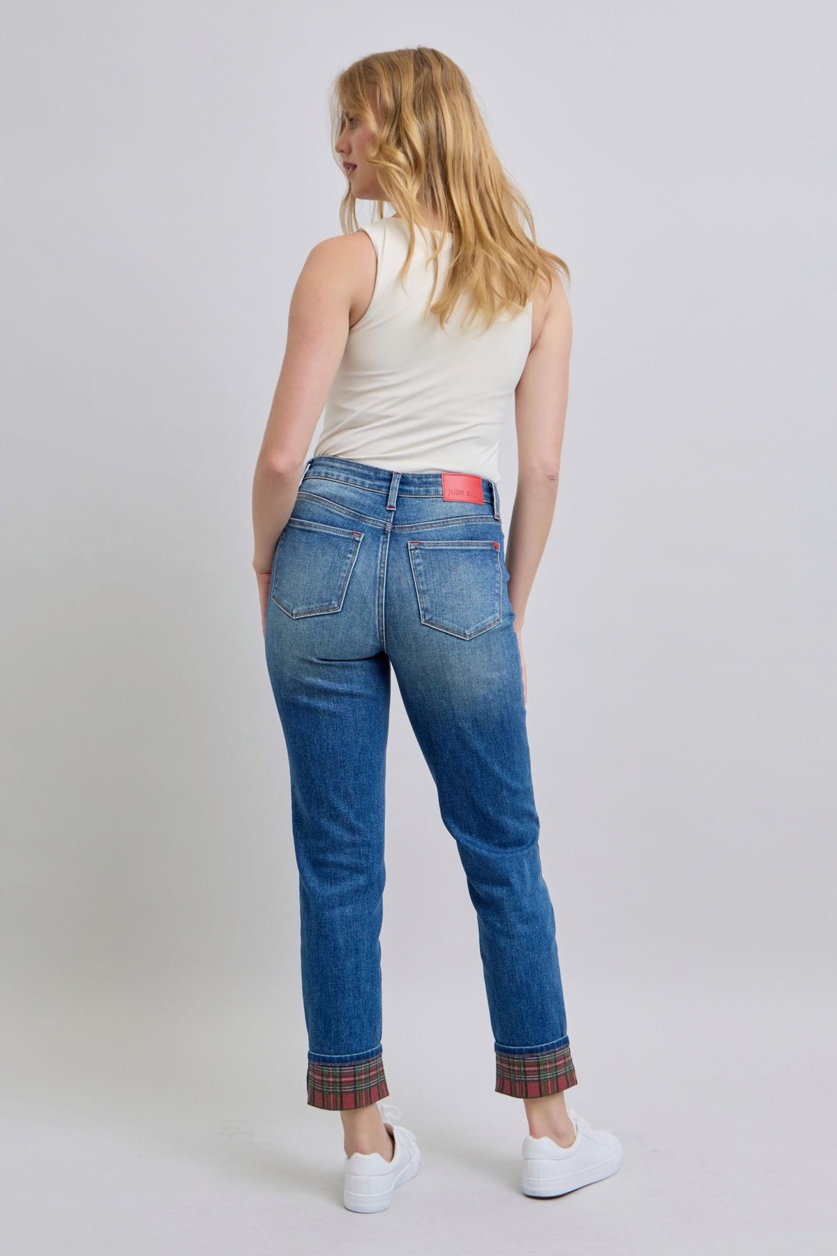 Hazel Blues® |  Judy Blue Plaid Print Cuff Straight Leg Jeans with Pockets