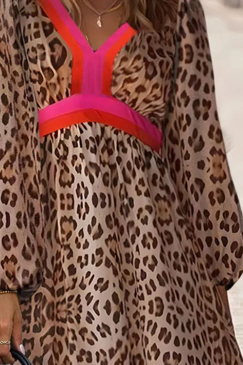 Hazel Blues® |  Leopard V-Neck Long Sleeve Maxi Dress