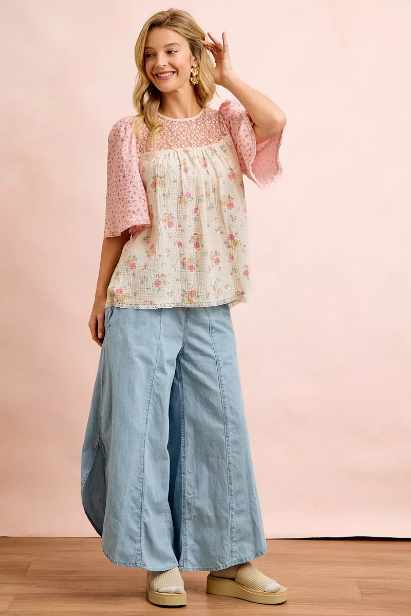 【正規品】Bibiy. BEMILY FLOWER BLOUSE♡ Bibi Crinkle Floral Gauze Mix And Matched Blouse Top | Floral
