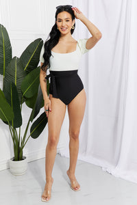 Hazel Blues® | Salty Air Puff Sleeve One-Piece in Cream/Black