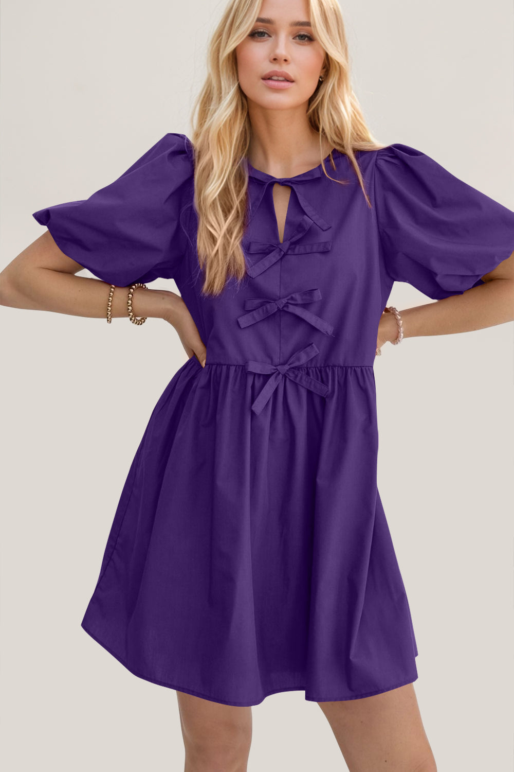 Hazel Blues® |  Oh Bow Ruched Puff Sleeve Mini Dress