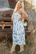 Hazel Blues® |  Sky Blue Floral Print Shirred Knot Shoulder Sleeveless Long Dress