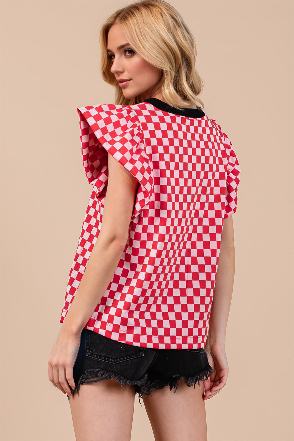 Hazel Blues® |  OH Checkered Round Neck Puff Sleeve Blouse