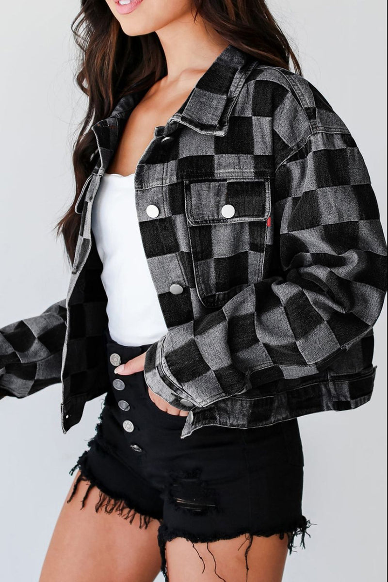 Hazel Blues® |  Checkered Button Up Denim Jacket