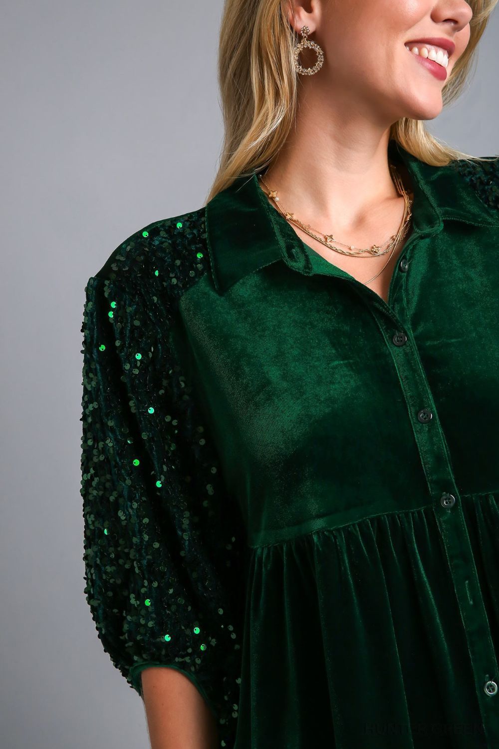 Hazel Blues® |  Umgee Sequin Detail Tiered Back Half Sleeve Shirt