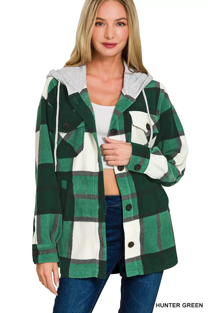 Hazel Blues® | Zenana Plaid Drawstring Hooded Fleece Shacket