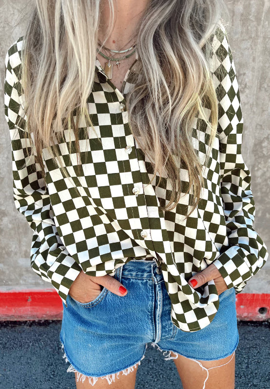 Hazel Blues® |  Checkered Collared Neck Long Sleeve Shirt