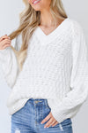 Hazel Blues® |  White Textured Knit Ribbed Edge V Neck Loose Sweater