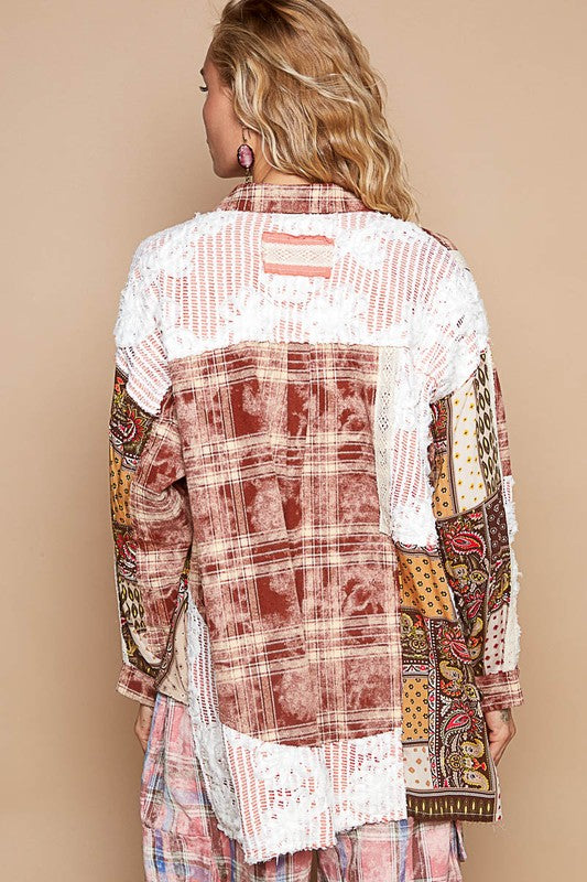 Hazel Blues® |  POL Crochet Plaid Patchwork Button Up Shirt