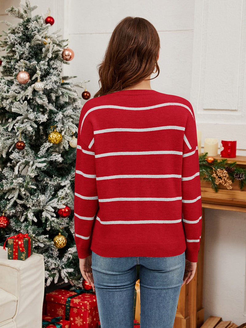 Hazel Blues® |  Sequin Santa Striped Round Neck Long Sleeve Sweater