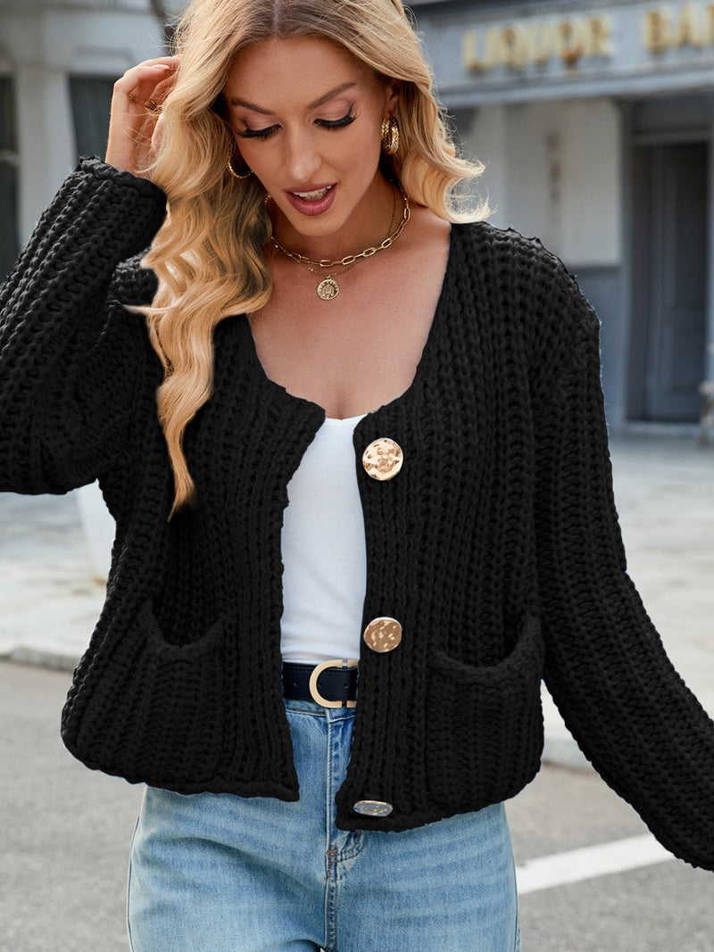 Hazel Blues® |  Round Neck Button Up Cardigan with Pockets