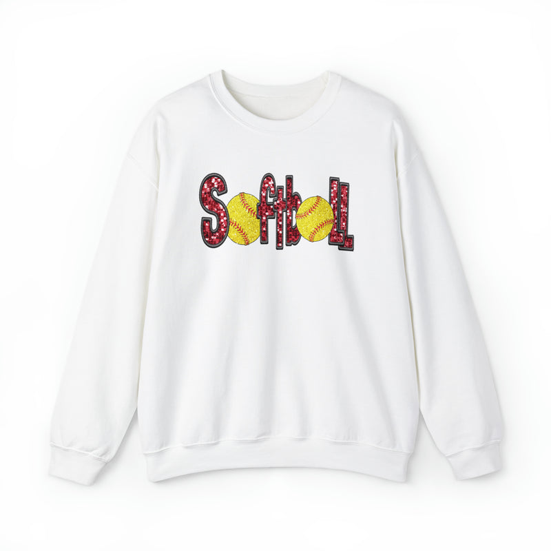 3Blues Designs |   Hazel Blues® |  Softball Faux Chenille Sequin Patches Sweatshirt: Red