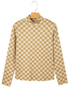 Hazel Blues® |  Khaki Check Pattern Turtleneck Ribbed Slim Long Sleeve Tee