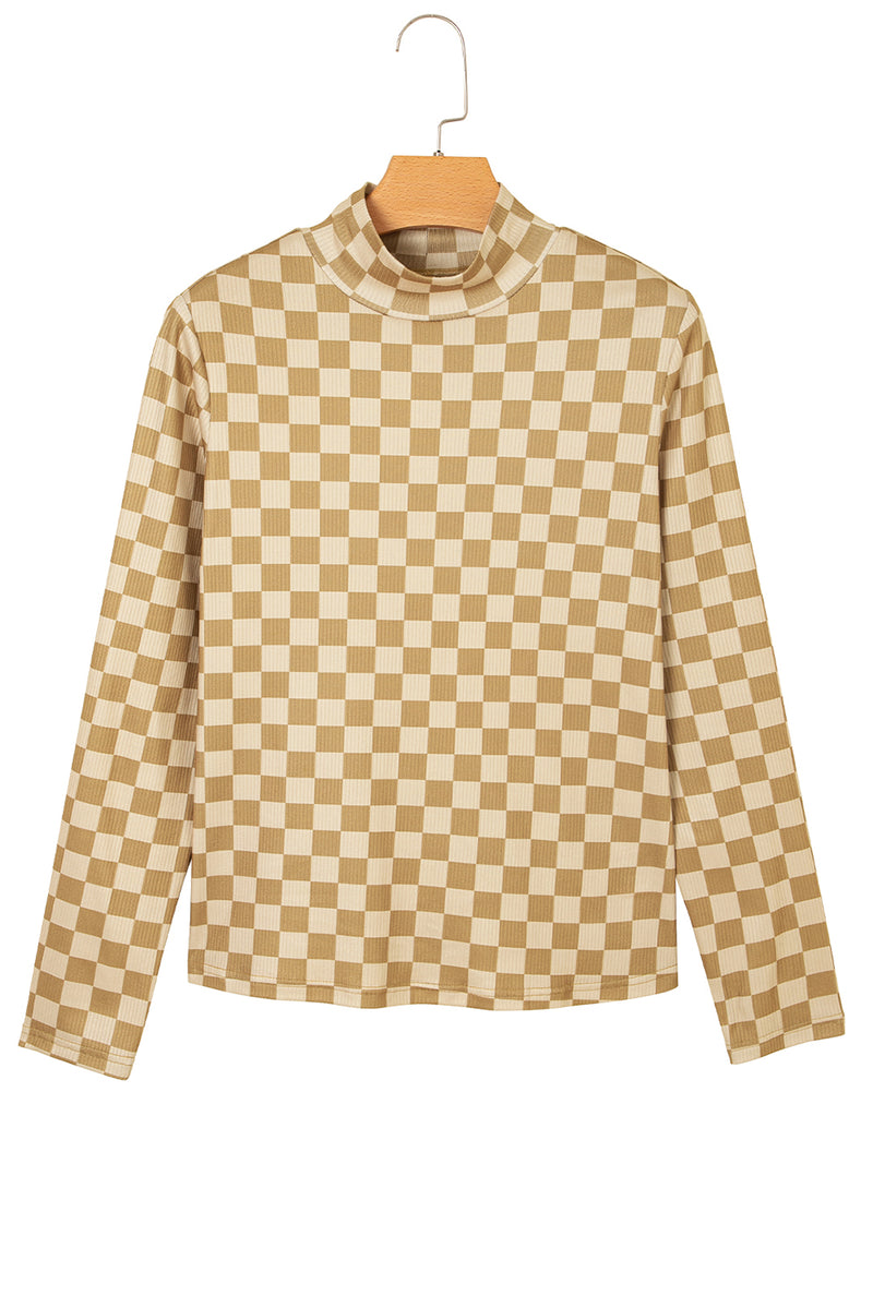 Hazel Blues® |  Khaki Check Pattern Turtleneck Ribbed Slim Long Sleeve Tee