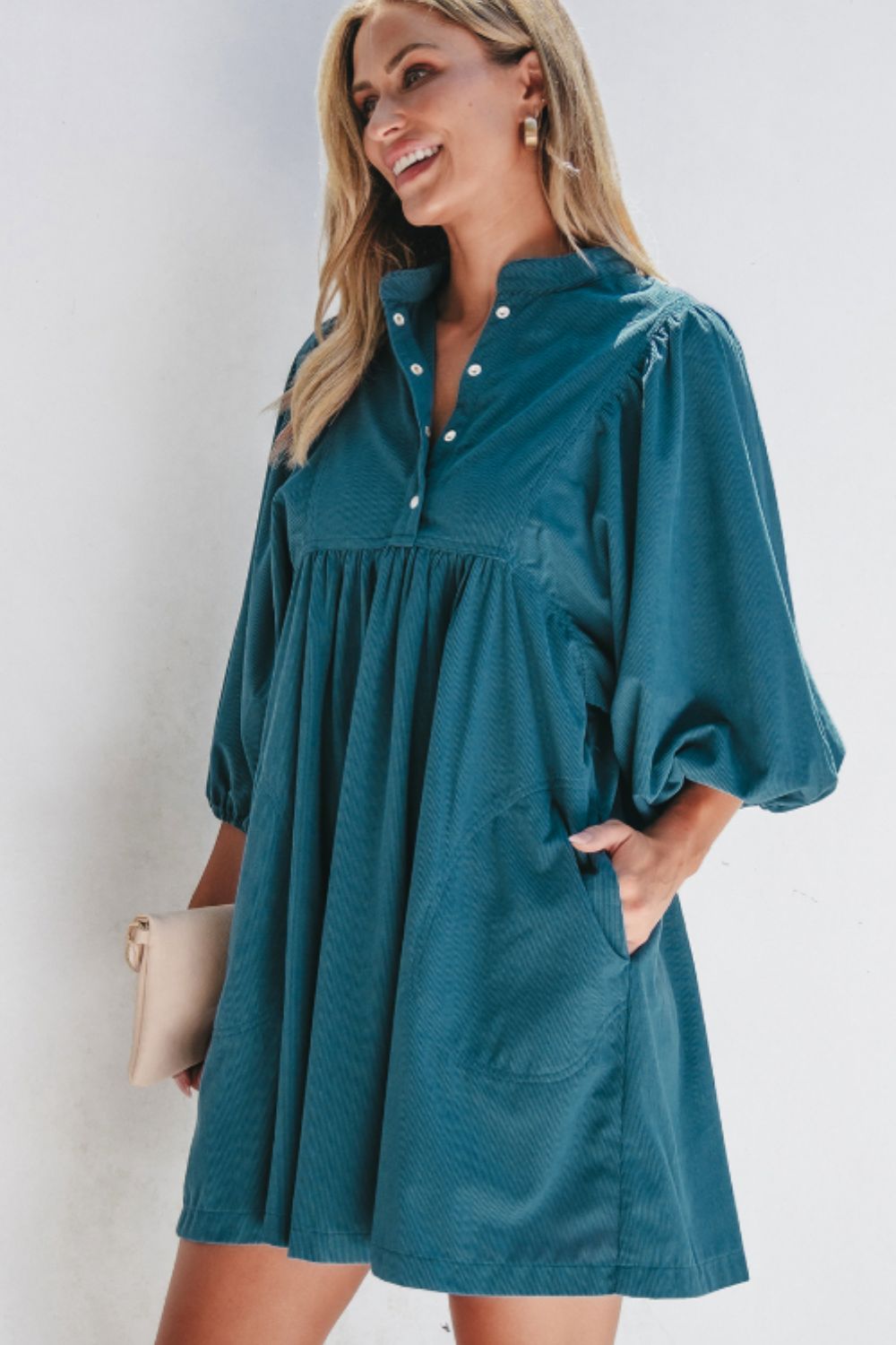 Hazel Blues® |  Corduroy Quarter Snap Three-Quarter Sleeve Dress