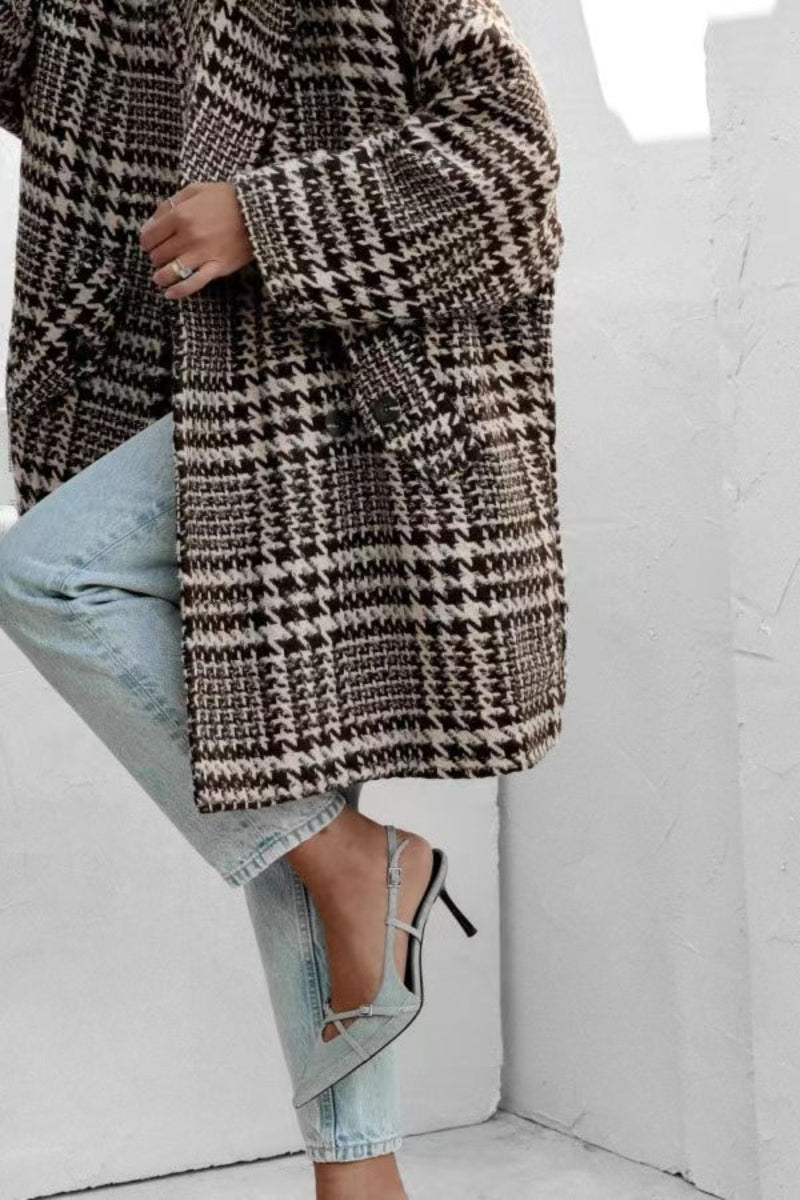 Hazel Blues® |  Houndstooth Collared Neck Long Sleeve Coat