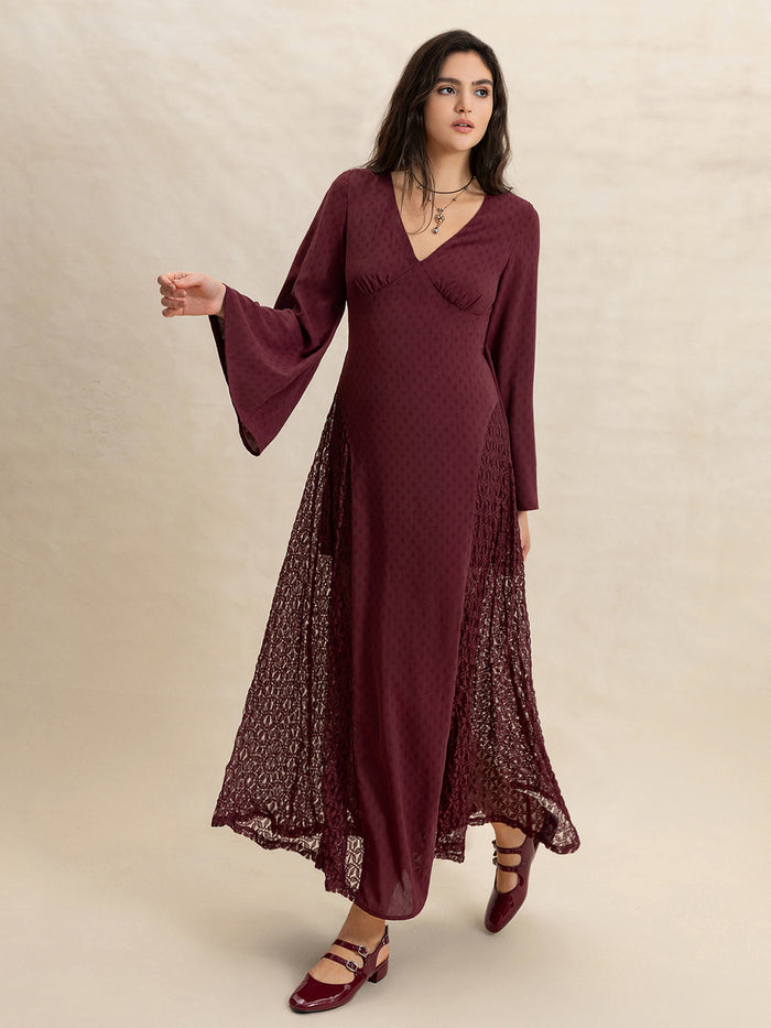 Hazel Blues® |  Lace Patchwork V-Neck Long Sleeve Midi Dress