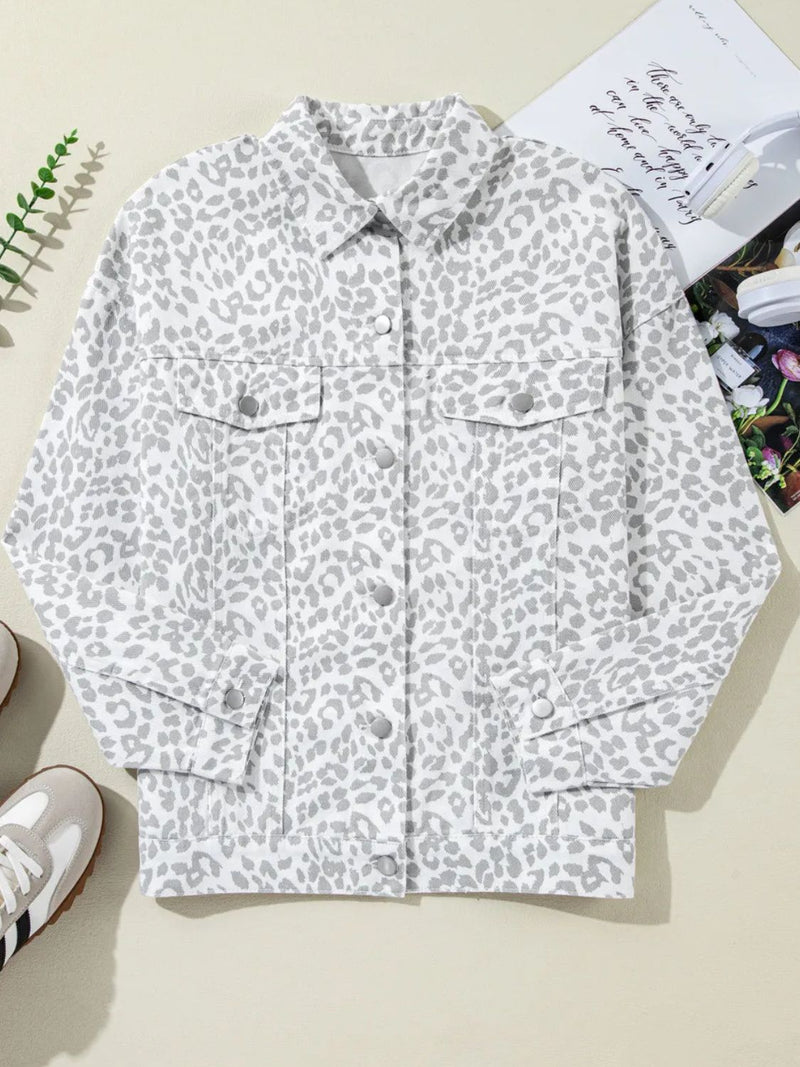 Hazel Blues® |  Leopard Button Up Long Sleeve Denim Jacket